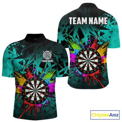 Turquoise funny dartboard quarter zip shirt for men built for darts tournaments and competitive play.