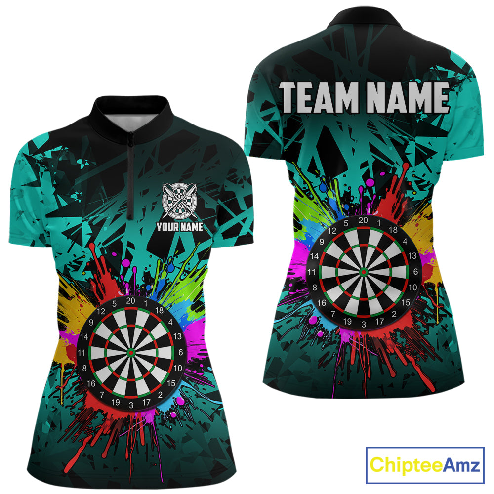 Turquoise funny dartboard quarter zip shirt for women built for darts tournaments and competitive play.