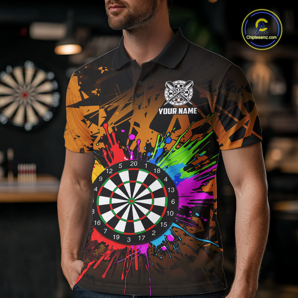 Man wearing an orange dartboard darts shirt during darts match front view.
