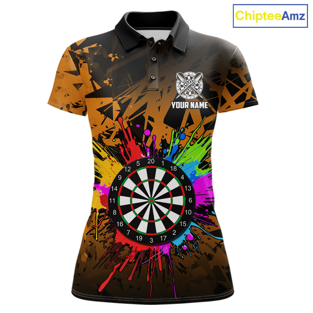 Orange funny dartboard darts shirt for women with colorful bold graphics and casual league style.