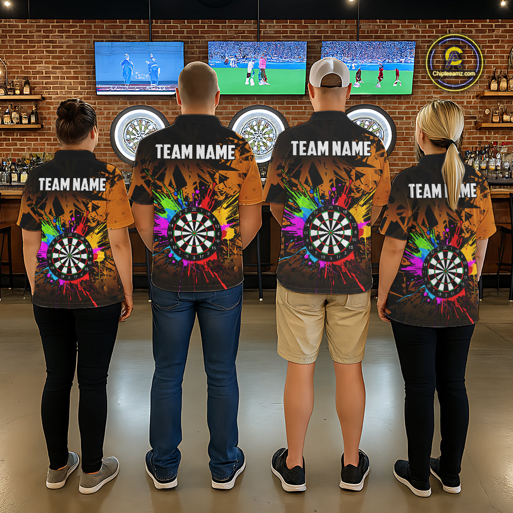 Back view of darts players wearing orange themed jerseys during league competition.