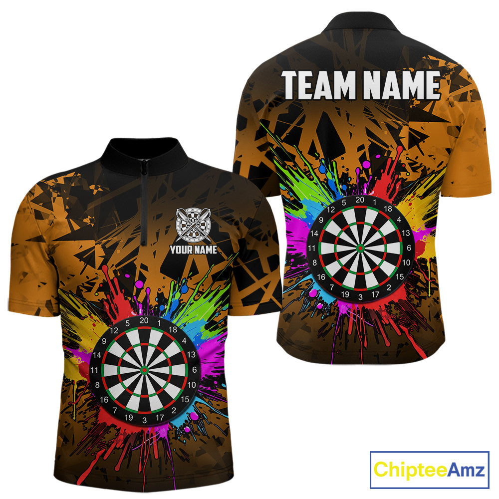 Orange funny dartboard quarter zip shirt for men built for darts tournaments and league competition.