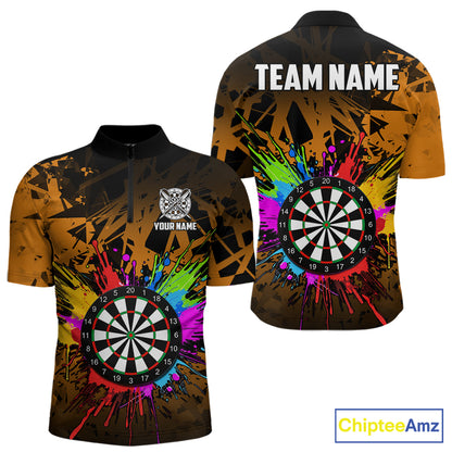 Orange funny dartboard quarter zip shirt for men built for darts tournaments and league competition.