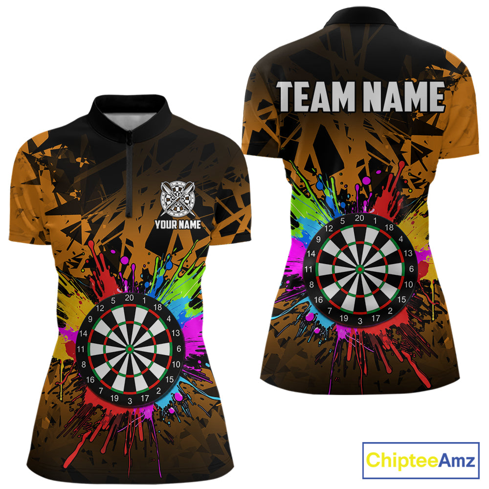 Orange funny dartboard quarter zip shirt for women built for darts tournaments and league competition.