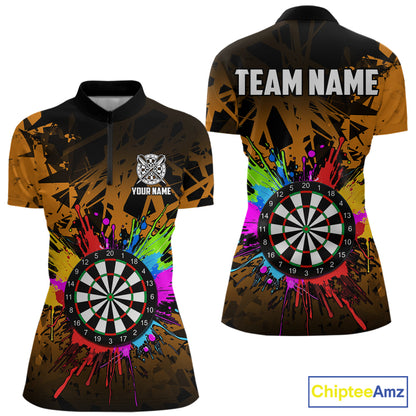 Orange funny dartboard quarter zip shirt for women built for darts tournaments and league competition.