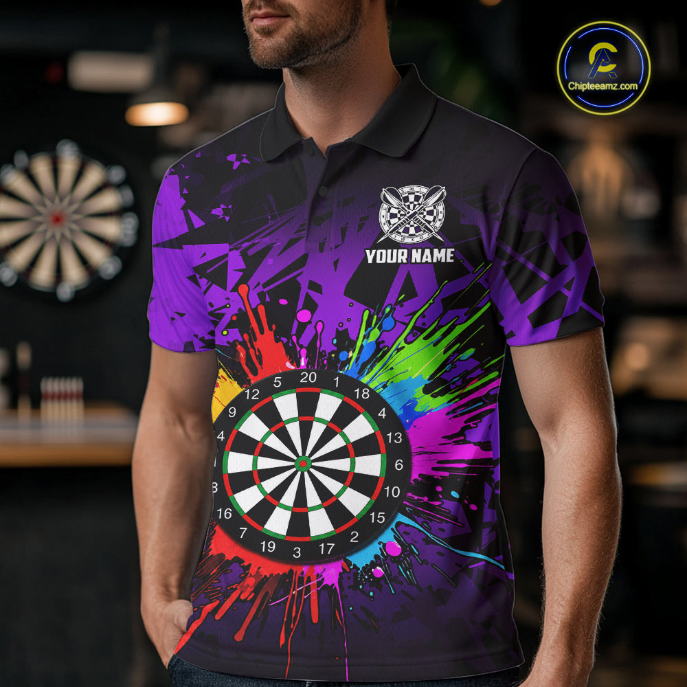 Man wearing a purple dartboard darts shirt during league match front view.