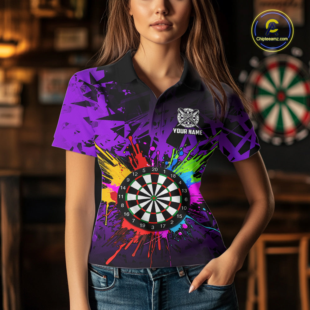 Woman wearing a purple dartboard darts shirt during league match front view.
