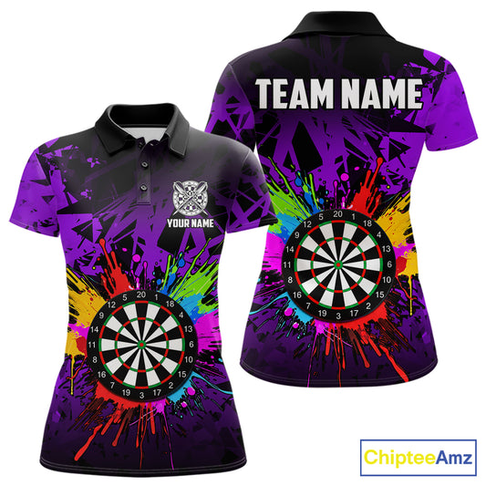 Purple darts polo shirt for women with dartboard design and vibrant casual team aesthetic.