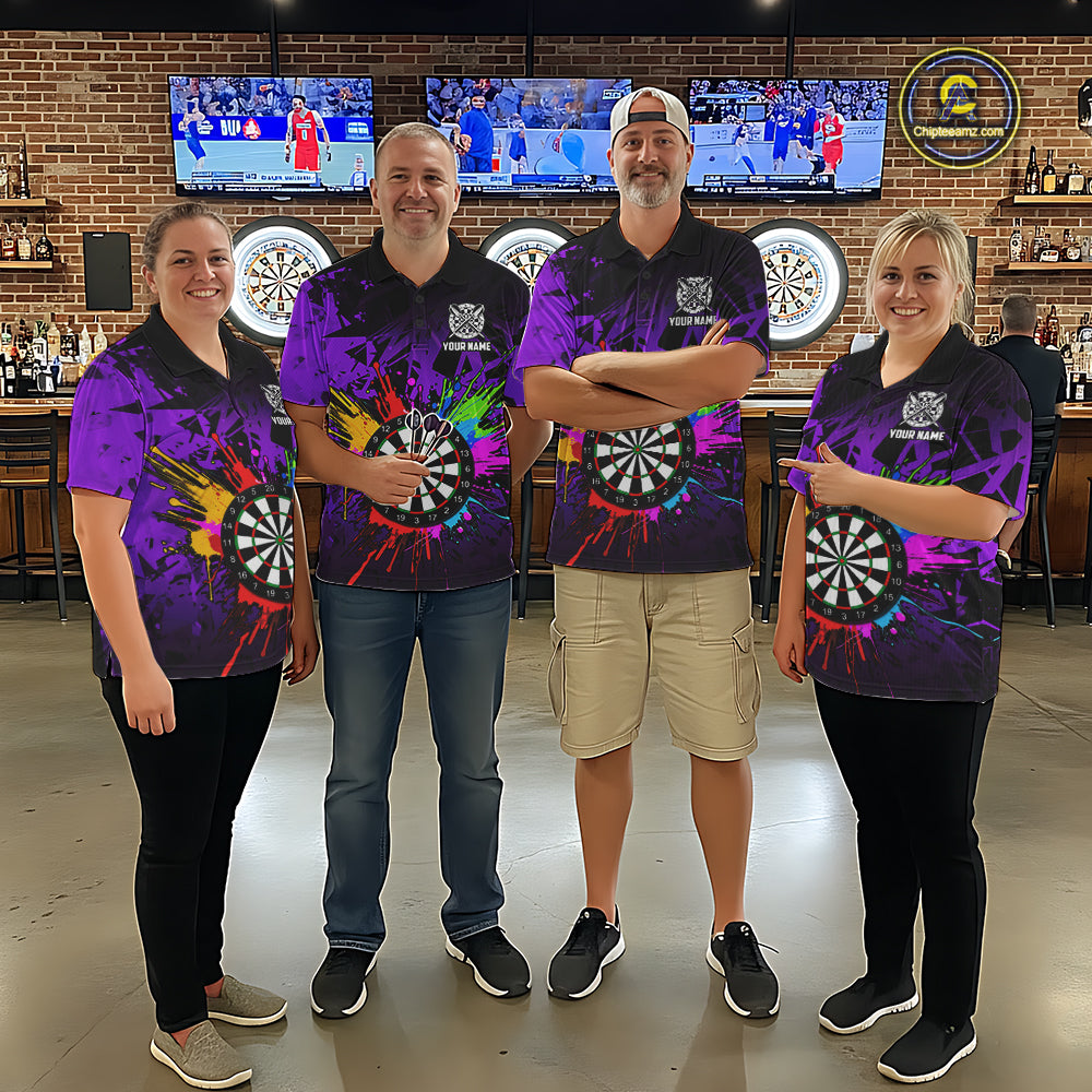 Darts team wearing matching purple dartboard shirts for men during tournament matches front view.