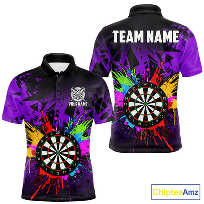 Purple darts polo shirt for men with dartboard design and vibrant casual team aesthetic.