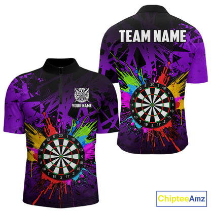 Purple funny dartboard quarter zip shirt for men built for darts tournaments and competitive play.