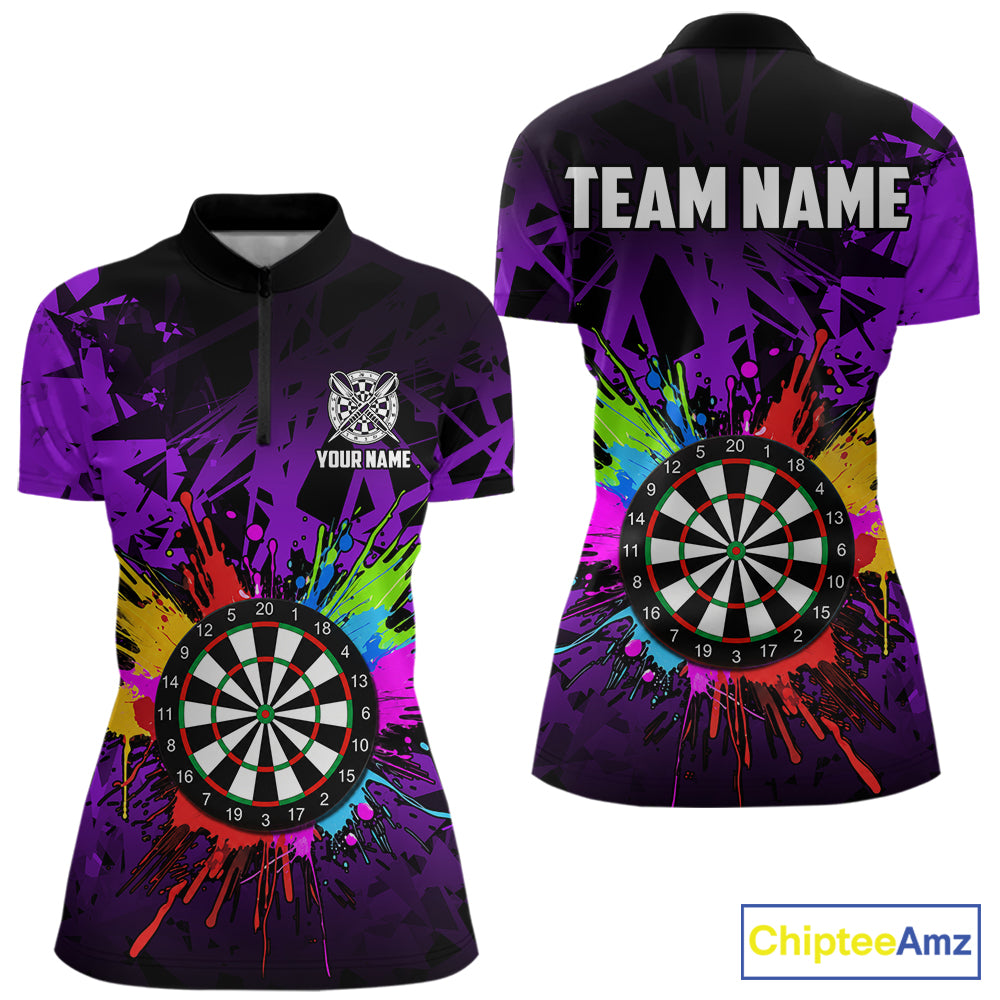 Purple funny dartboard quarter zip shirt for women built for darts tournaments and competitive play.