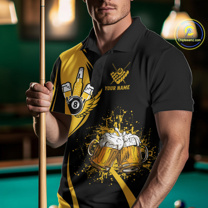 Man wearing a funny yellow black 8 ball billiard shirt during casual pool league play front view.