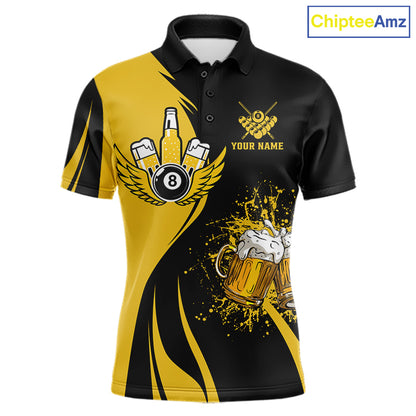 Yellow and black 8 ball billiard polo shirt for men with funny beer themed graphics and casual league style.