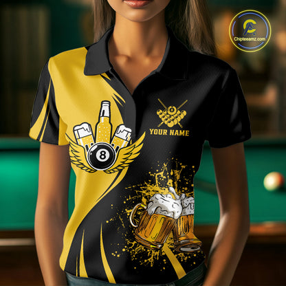 Woman wearing a funny yellow black 8 ball billiard shirt during casual pool league play front view.