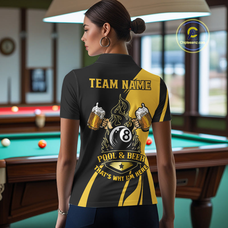 Back view of woman wearing a beer themed billiard shirt inside a pool hall environment.