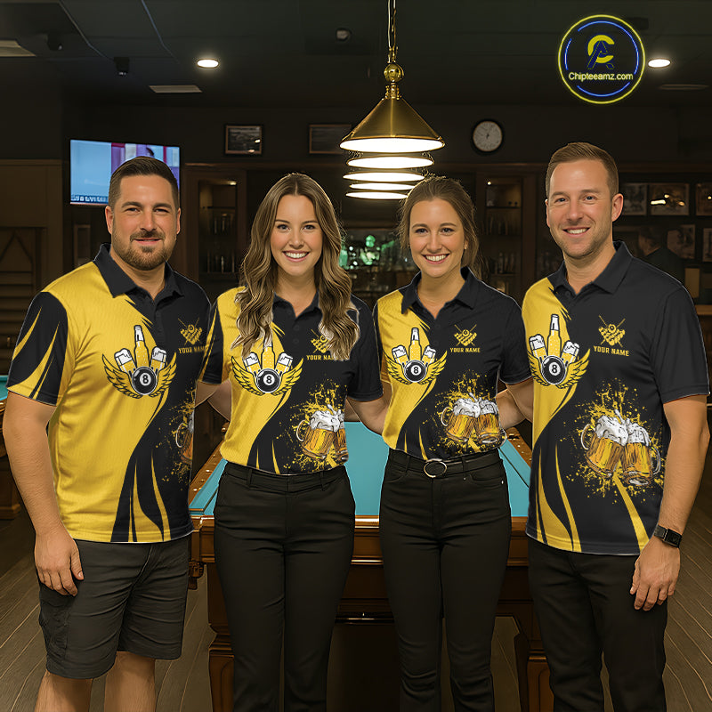 Pool team wearing matching yellow black billiard jerseys during league night matches front view.