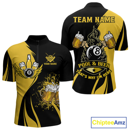 Yellow black 8 ball billiard quarter zip shirt for men built for casual tournaments and league nights.