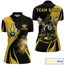 Load image into Gallery viewer, Yellow black 8 ball billiard quarter zip shirt for women built for casual tournaments and league nights.