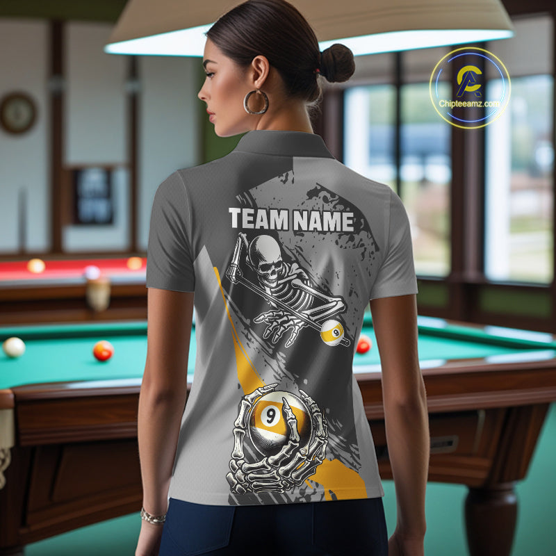 9 Ball Skeleton Custom Billiard Polo & 1/4 Zip Shirts For Women, Funny 9 Ball Pool Billiard Jerseys TDM2417
