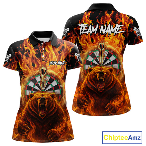 Personalized Orange Flaming Bear Darts Shirt For Women Custom Fire Darts Jersey Team Polo & 1/4 Zip TDM4730