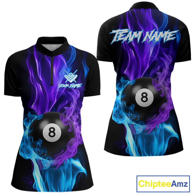 Purple Blue Flaming Smoke 8 Ball Billiard Shirts For Women, Pool Team Shirts Custom Billiard Jersey TDM5141