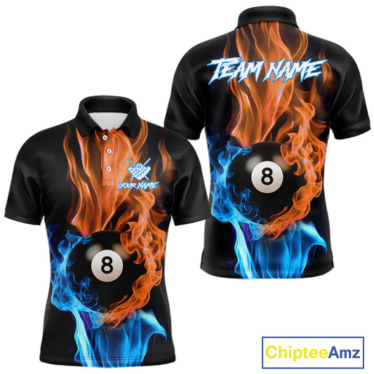 Blue And Orange Flaming Smoke 8 Ball Men's Billiard Shirt, Pool Team Shirts Custom Billiard Jersey TDM5142