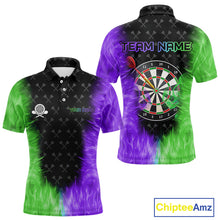 Load image into Gallery viewer, Green And Purple Flame Mens Dart Shirts Custom Dart Jersey Polo &amp; 1/4 Zip, Gifts For Dart Players TDM5145