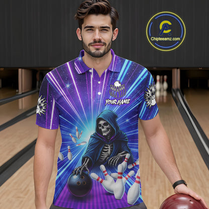 Funny Grim Reaper Blue Purple Neon Bowling Shirt For Men Custom Lighting Bowling Team Jersey TDM5863