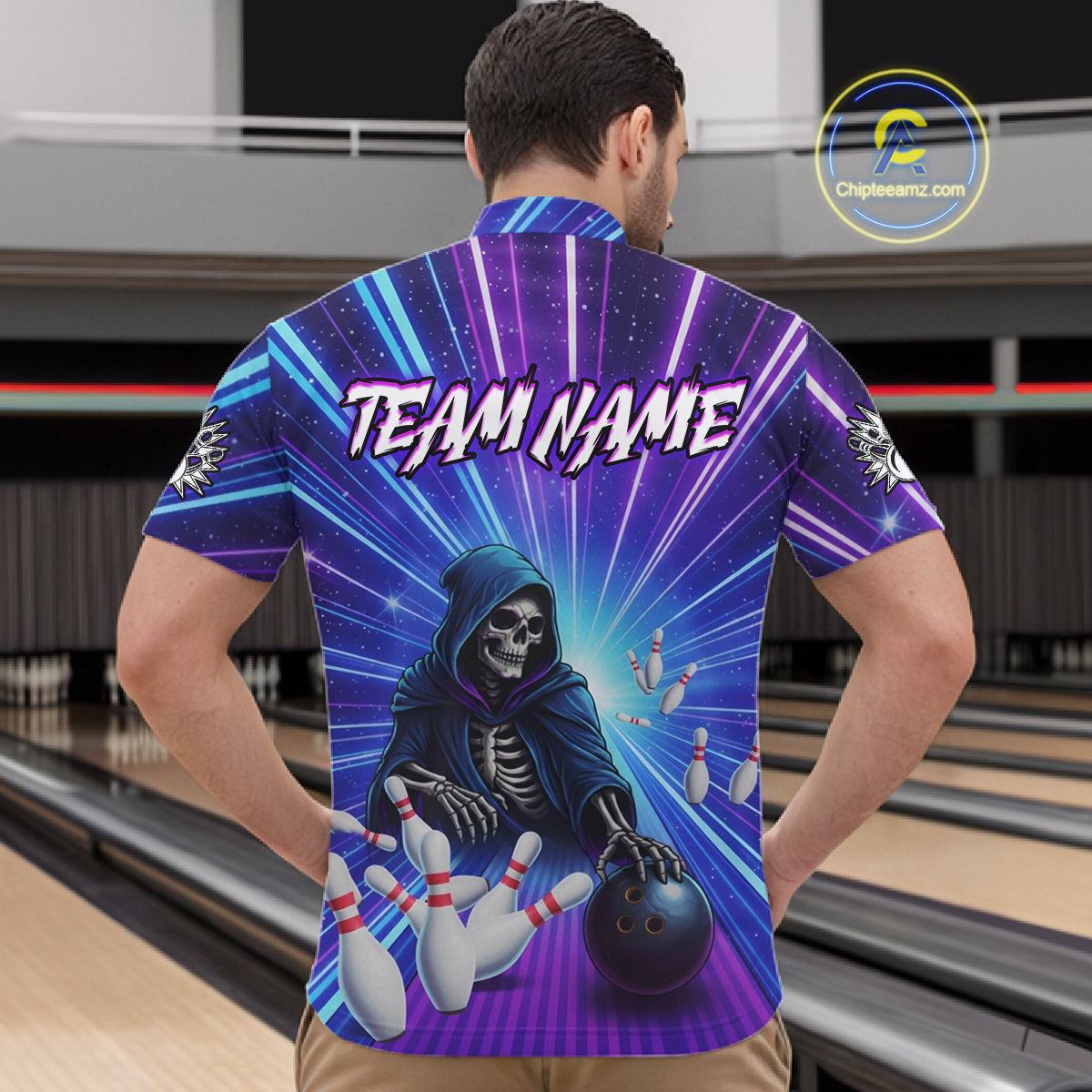 Funny Grim Reaper Blue Purple Neon Bowling Shirt For Men Custom Lighting Bowling Team Jersey TDM5863