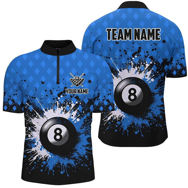Personalized Blue Grunge 8 Ball Pool Men Quarter-Zip Shirts, Billiard Team Jerseys Uniform TDM1184