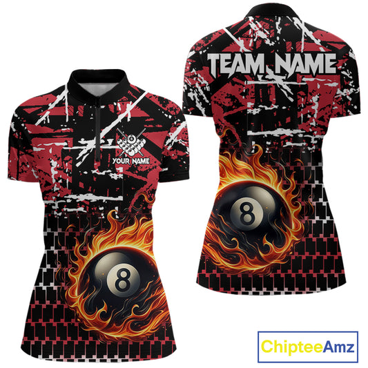 Grunge Black And Red Flaming 8 Ball Pool Women's Billiard Shirts Custom Billiard Jerseys Team Shirts TDM3833