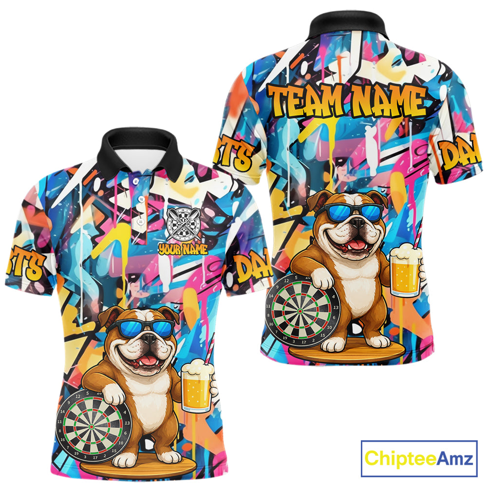 Funny Bulldog Colorful Graffiti Darts Shirt For Men Custom Darts Team Jersey Polo & 1/4 Zip TDM6464