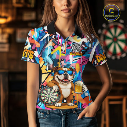 Funny Bulldog Colorful Graffiti Darts Shirt For Women Custom Darts Team Jersey Polo & 1/4 Zip TDM6464