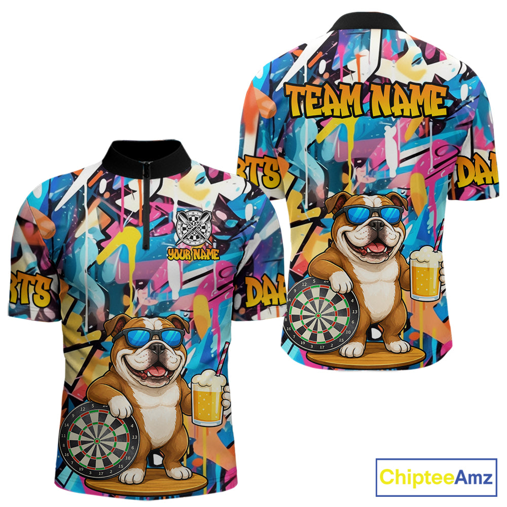 Funny Bulldog Colorful Graffiti Darts Shirt For Men Custom Darts Team Jersey Polo & 1/4 Zip TDM6464