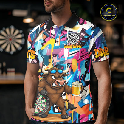 Funny Bull Colorful Graffiti Darts Shirt For Men Custom Darts Team Jersey Polo & 1/4 Zip TDM6465