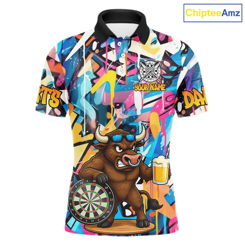 Funny Bull Colorful Graffiti Darts Shirt For Men Custom Darts Team Jersey Polo & 1/4 Zip TDM6465