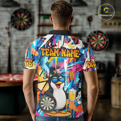 Funny Penguin Colorful Graffiti Darts Shirt For Men Custom Darts Team Jersey Polo & 1/4 Zip TDM6466