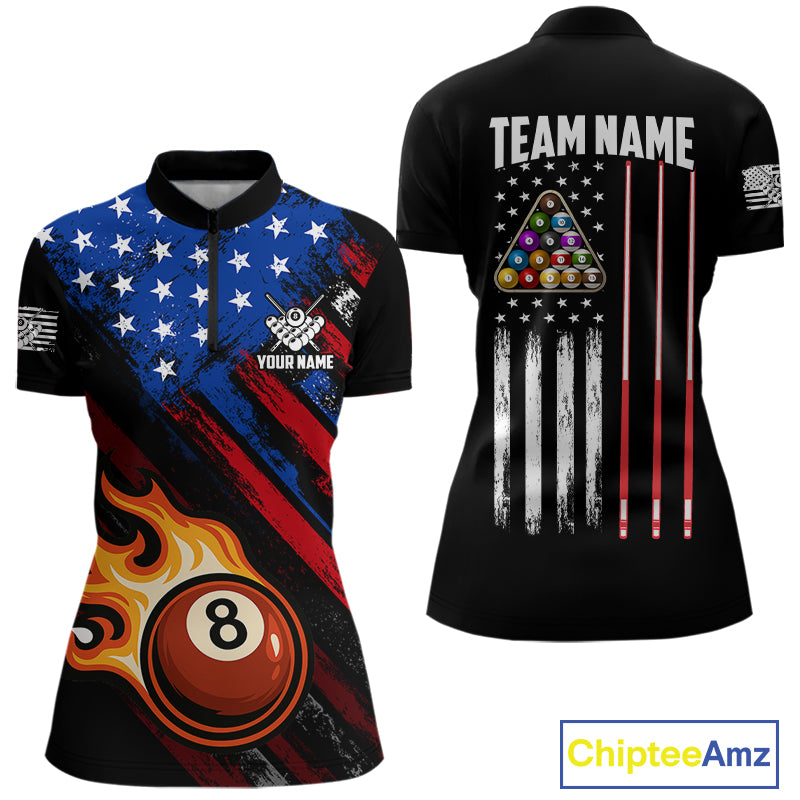 Funny Flame 8 Ball Billiard Shirts For Women Custom Patriotic American Flag Pool Team Jerseys TDM4131