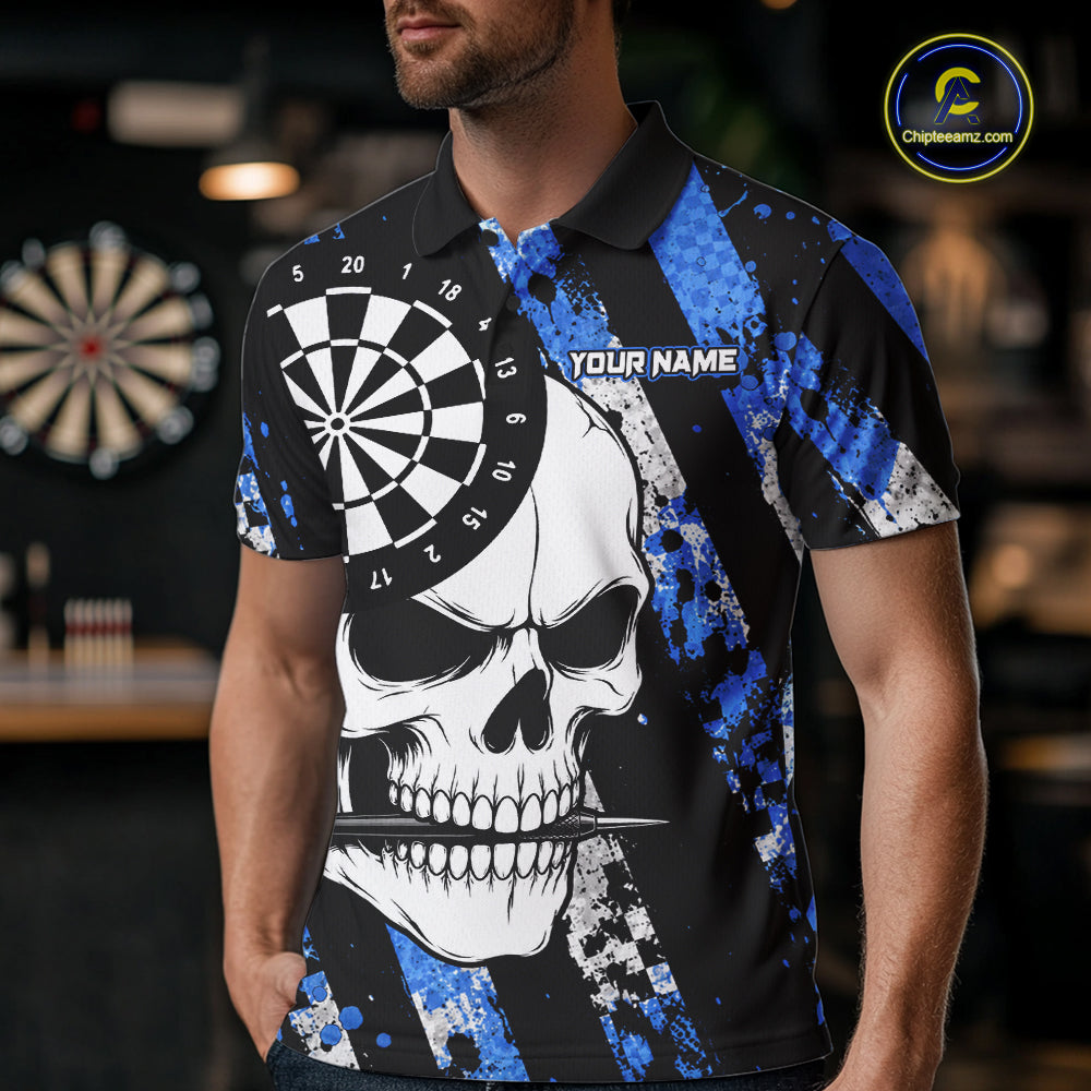 Man wearing a blue camo skull darts jersey at a darts venue front view.