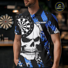 Load image into Gallery viewer, Man wearing a blue camo skull darts jersey at a darts venue front view.