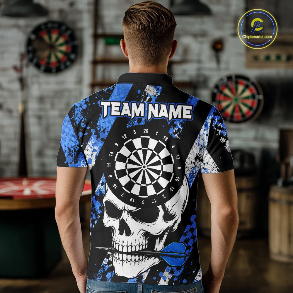 Back view of man wearing a blue camo skull darts shirt during league play.