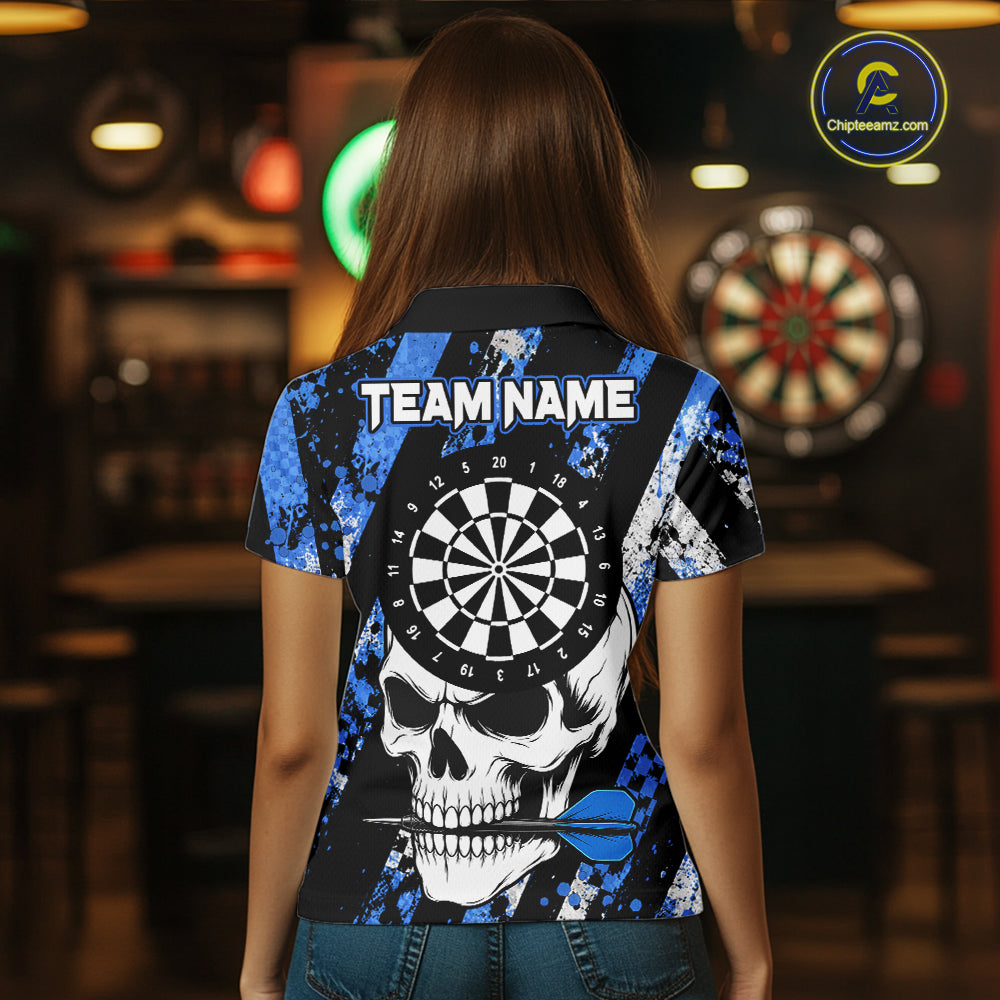 Back view of woman wearing a blue camo skull darts shirt during league play.