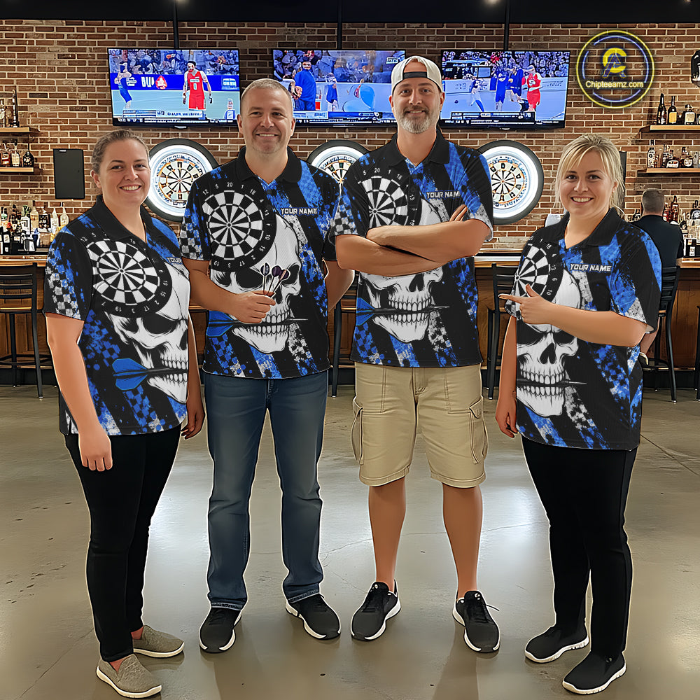 Darts team wearing matching blue camo skull darts jerseys during tournament matches front view.