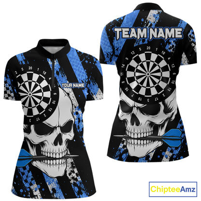 Blue camo stripes skull darts quarter zip shirt for women built for league tournaments and team events.