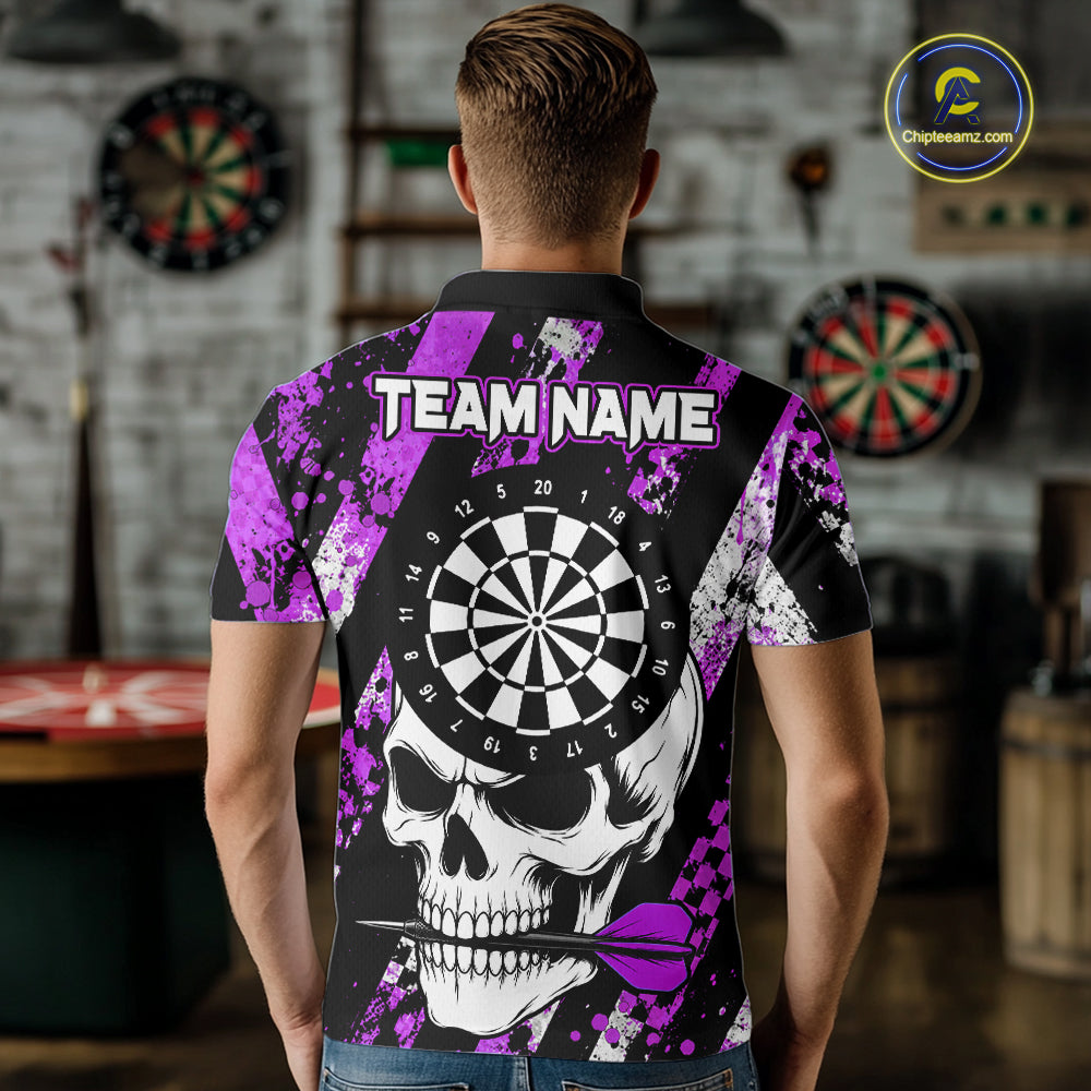 Back view of man wearing a purple camo skull darts shirt during league play.
