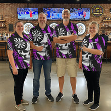 Load image into Gallery viewer, Darts team wearing matching purple camo skull darts jerseys during tournament matches front view.