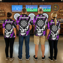 Load image into Gallery viewer, Back view of darts players wearing matching purple camo skull darts shirts at a competition venue.
