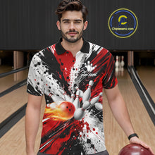 Load image into Gallery viewer, Man wearing a red splatter bowling polo shirt at a bowling alley front view.