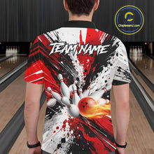 Load image into Gallery viewer, Back view of man wearing a red splatter bowling polo shirt inside a bowling alley.